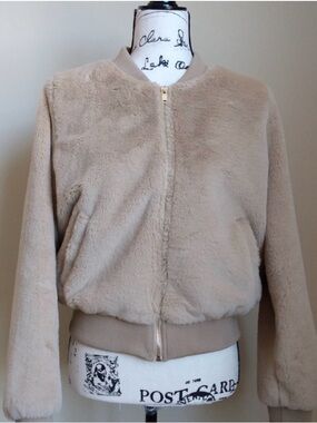 Chocolate Women's Taupe Teddy Bomber Jacket - Soft Beige